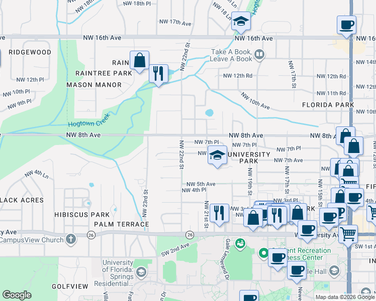 map of restaurants, bars, coffee shops, grocery stores, and more near 709 Northwest 22nd Street in Gainesville