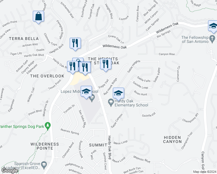 map of restaurants, bars, coffee shops, grocery stores, and more near 137 Red Hawk Ridge in San Antonio