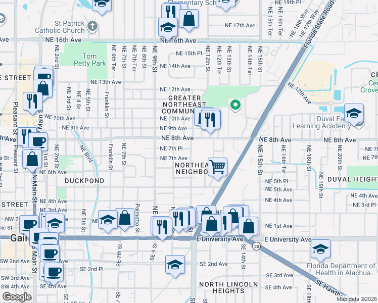 map of restaurants, bars, coffee shops, grocery stores, and more near 1020 Northeast 7th Avenue in Gainesville