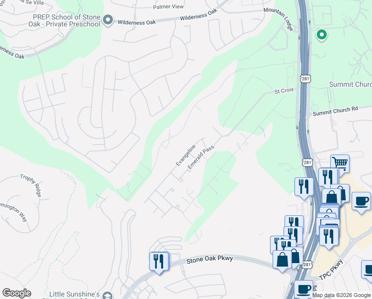 map of restaurants, bars, coffee shops, grocery stores, and more near 23106 Evangeline in San Antonio