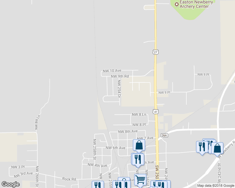 map of restaurants, bars, coffee shops, grocery stores, and more near 906 Northwest 254th Drive in Newberry