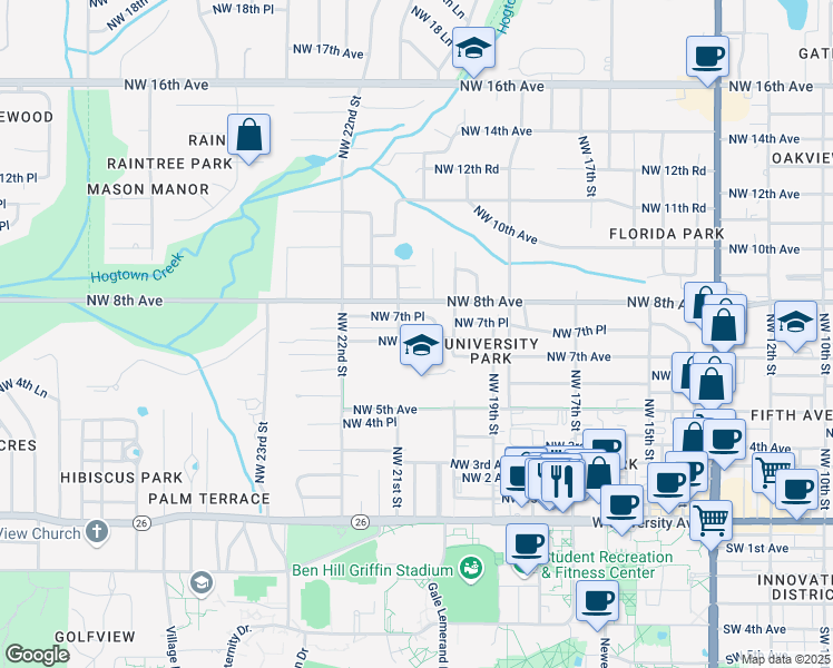 map of restaurants, bars, coffee shops, grocery stores, and more near 2042 Northwest 7th Lane in Gainesville
