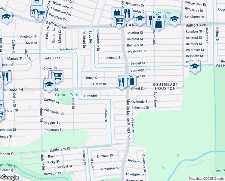 map of restaurants, bars, coffee shops, grocery stores, and more near 8606 Vinearbor Street in Houston