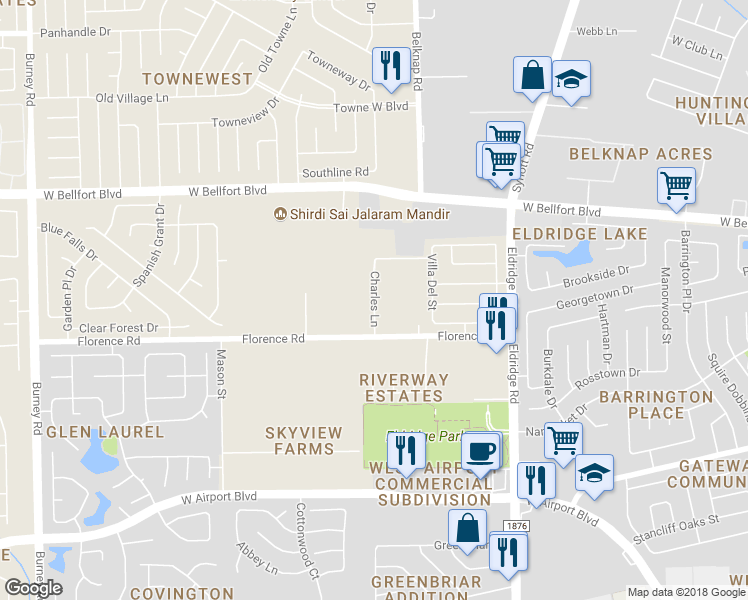 map of restaurants, bars, coffee shops, grocery stores, and more near 2738 Charles Ln in Sugar Land
