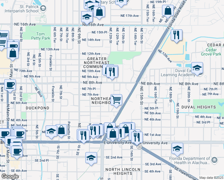 map of restaurants, bars, coffee shops, grocery stores, and more near 1217 Northeast 7 Place in Gainesville