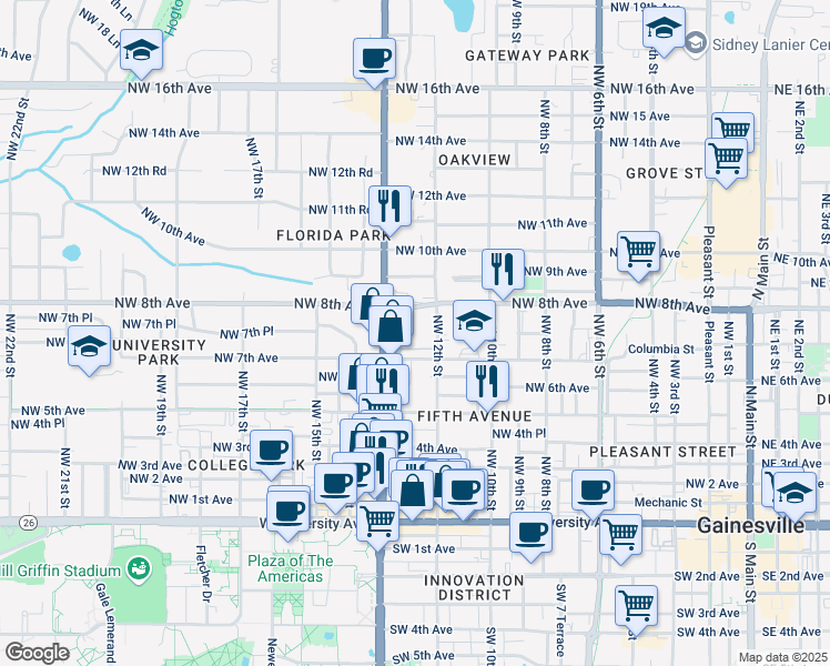 map of restaurants, bars, coffee shops, grocery stores, and more near 725 Northwest 13th Street in Gainesville