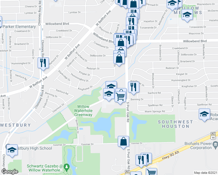 map of restaurants, bars, coffee shops, grocery stores, and more near 5022 South Willow Drive in Houston