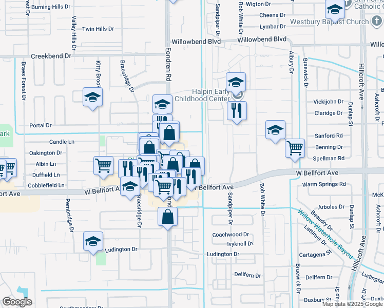 map of restaurants, bars, coffee shops, grocery stores, and more near 11025 Larkwood Drive in Houston