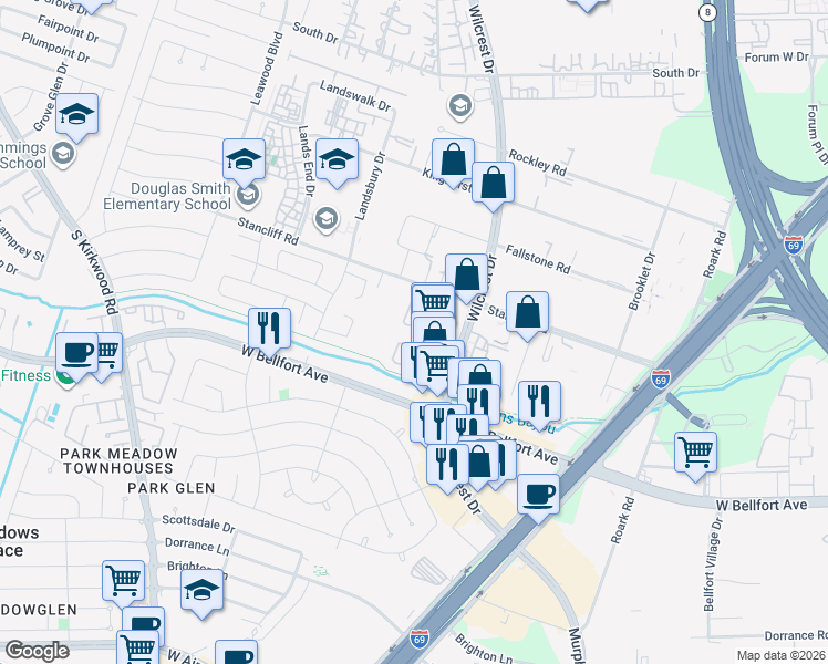 map of restaurants, bars, coffee shops, grocery stores, and more near 10919 Stancliff Road in Houston