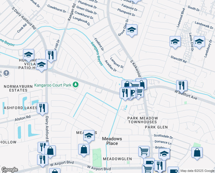 map of restaurants, bars, coffee shops, grocery stores, and more near 12110 West Bellfort Street in Stafford