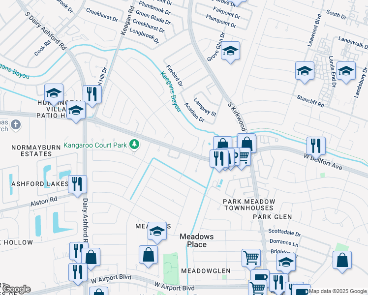 map of restaurants, bars, coffee shops, grocery stores, and more near 12110 West Bellfort Street in Stafford