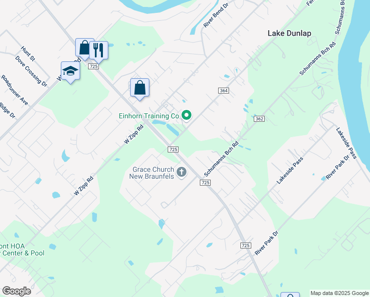 map of restaurants, bars, coffee shops, grocery stores, and more near 2417 Farm to Market Road 725 in New Braunfels