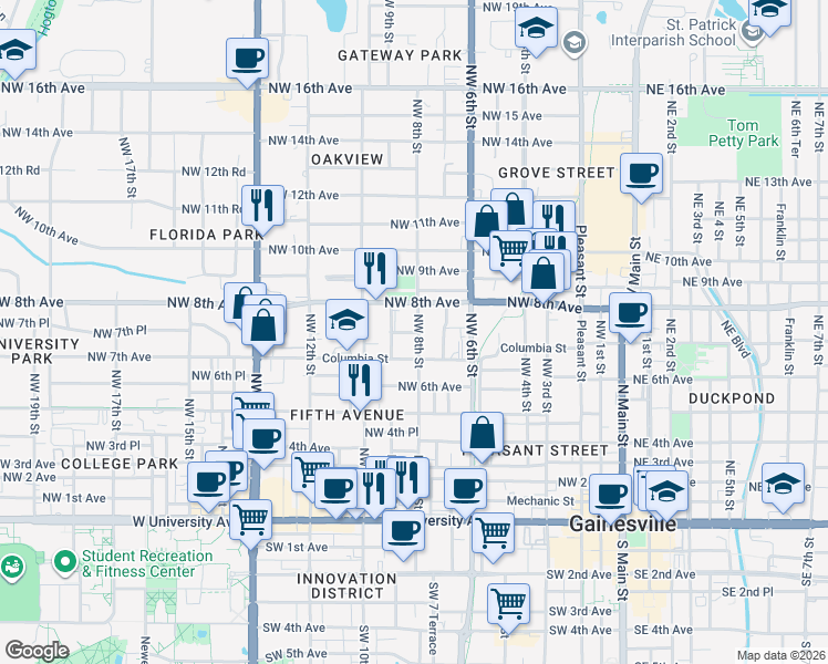 map of restaurants, bars, coffee shops, grocery stores, and more near 815 NW 7 Pl in Gainesville