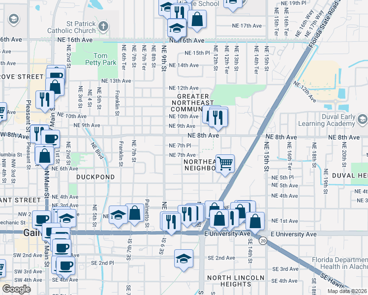 map of restaurants, bars, coffee shops, grocery stores, and more near 721 Northeast 10th Street in Gainesville