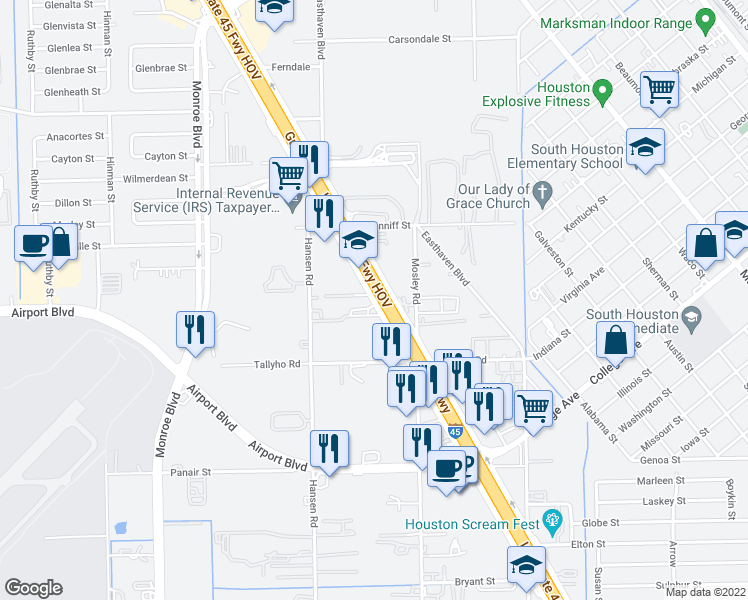 map of restaurants, bars, coffee shops, grocery stores, and more near Gulf Fwy in Houston