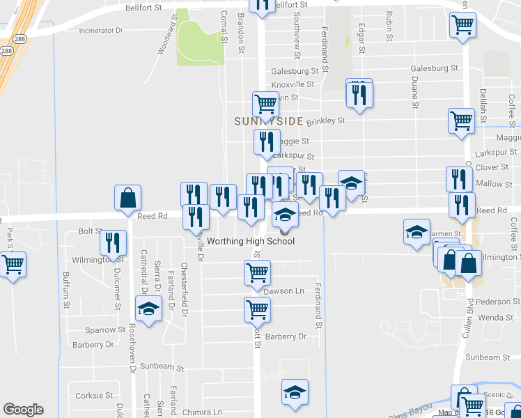 map of restaurants, bars, coffee shops, grocery stores, and more near 3735 Reed Rd in Houston