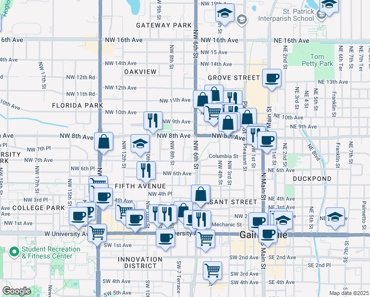 map of restaurants, bars, coffee shops, grocery stores, and more near 716 Northwest 7 Terrace in Gainesville