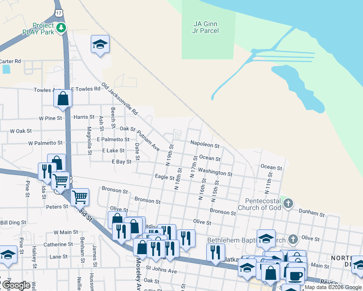 map of restaurants, bars, coffee shops, grocery stores, and more near 1803 Ocean Street in Palatka