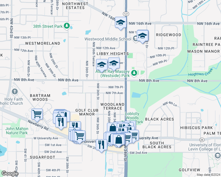 map of restaurants, bars, coffee shops, grocery stores, and more near 3435 Northwest 7th Place in Gainesville