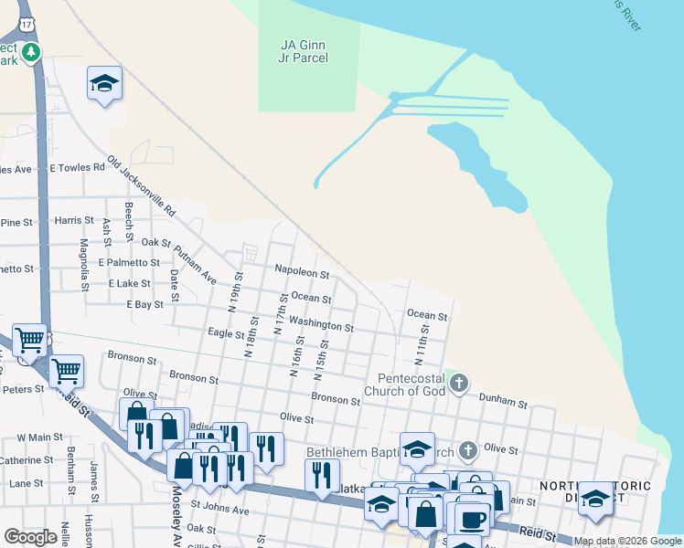 map of restaurants, bars, coffee shops, grocery stores, and more near 1419 Napoleon Street in Palatka
