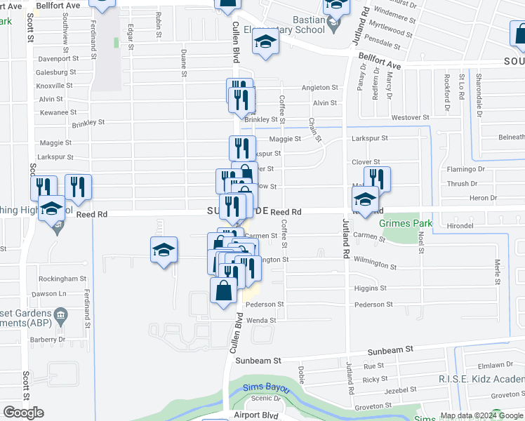 map of restaurants, bars, coffee shops, grocery stores, and more near 4738 Reed Road in Houston