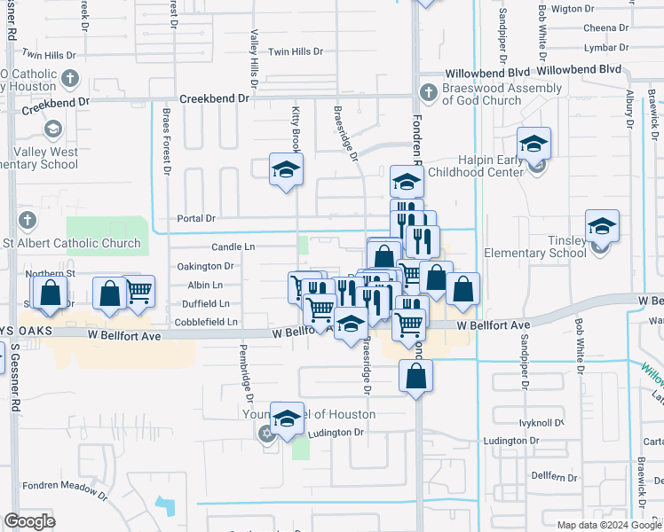 map of restaurants, bars, coffee shops, grocery stores, and more near 11100 Braesridge Drive in Houston