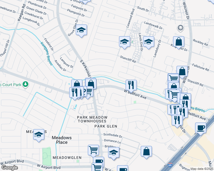map of restaurants, bars, coffee shops, grocery stores, and more near 11679 West Bellfort Avenue in Houston