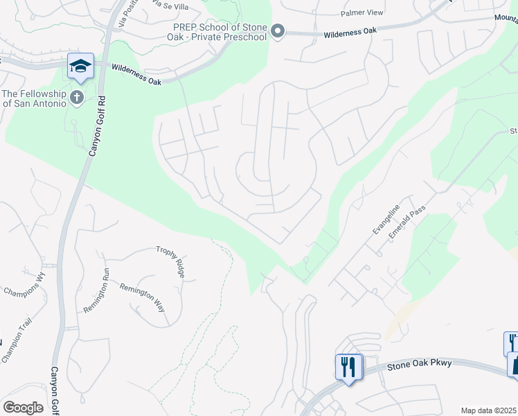 map of restaurants, bars, coffee shops, grocery stores, and more near 23319 Seven Winds in San Antonio