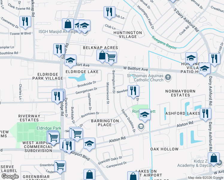 map of restaurants, bars, coffee shops, grocery stores, and more near 2430 Barrington Place Drive in Sugar Land