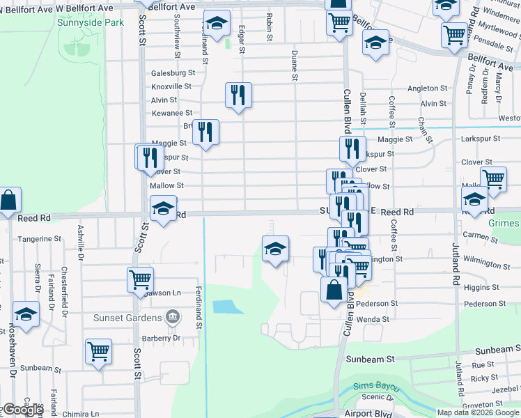 map of restaurants, bars, coffee shops, grocery stores, and more near 4423 Reed Road in Houston