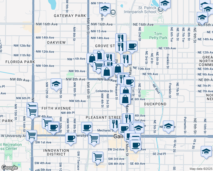 map of restaurants, bars, coffee shops, grocery stores, and more near 220 Northwest 7th Avenue in Gainesville