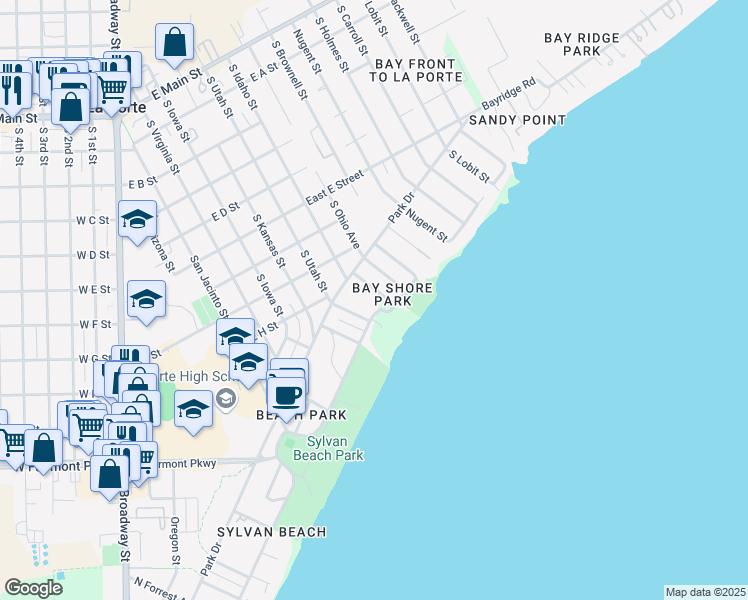 map of restaurants, bars, coffee shops, grocery stores, and more near 1015 Bayshore Drive in La Porte