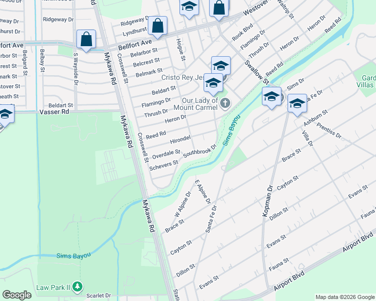 map of restaurants, bars, coffee shops, grocery stores, and more near 6410 Southbrook Drive in Houston