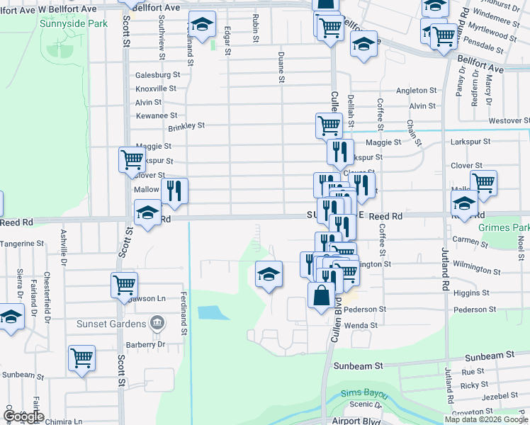 map of restaurants, bars, coffee shops, grocery stores, and more near 4519 Reed Road in Houston