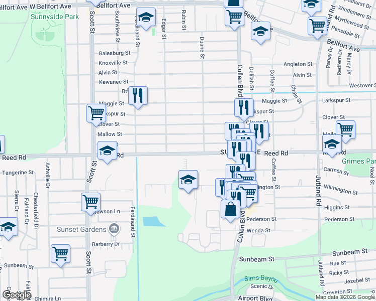 map of restaurants, bars, coffee shops, grocery stores, and more near 4519 Reed Road in Houston