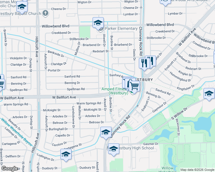 map of restaurants, bars, coffee shops, grocery stores, and more near 5511 Spellman Road in Houston