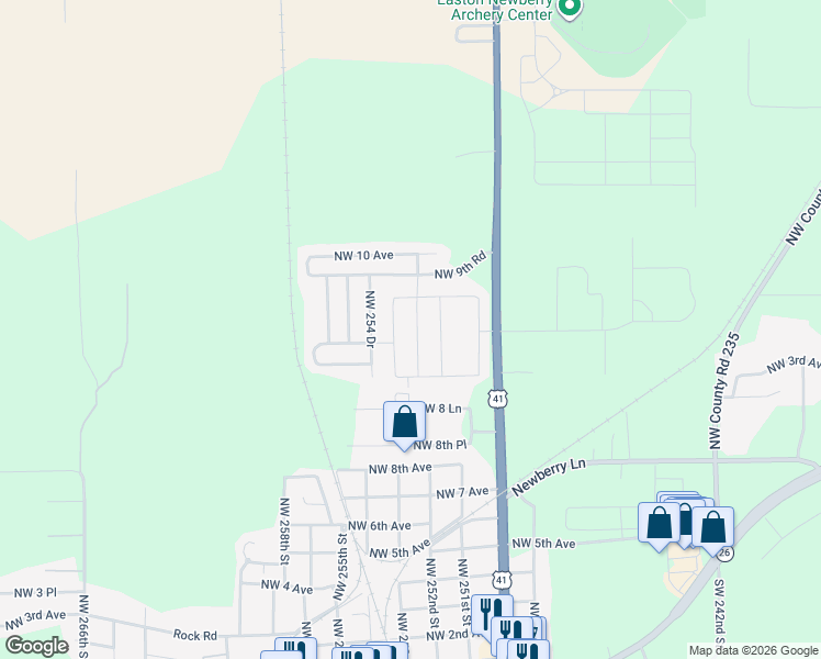 map of restaurants, bars, coffee shops, grocery stores, and more near 898 Northwest 253 Drive in Newberry