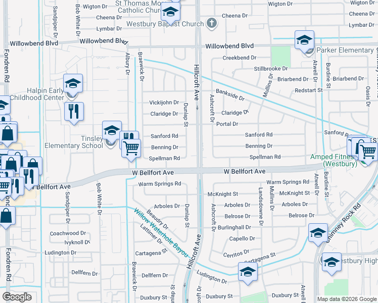 map of restaurants, bars, coffee shops, grocery stores, and more near 11122 Hillcroft Street in Houston