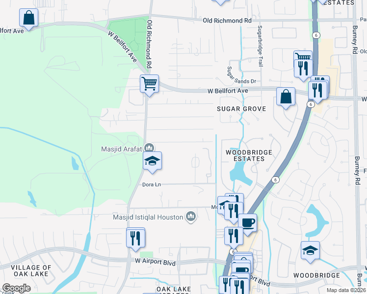 map of restaurants, bars, coffee shops, grocery stores, and more near 15221 Tomasa Street in Sugar Land