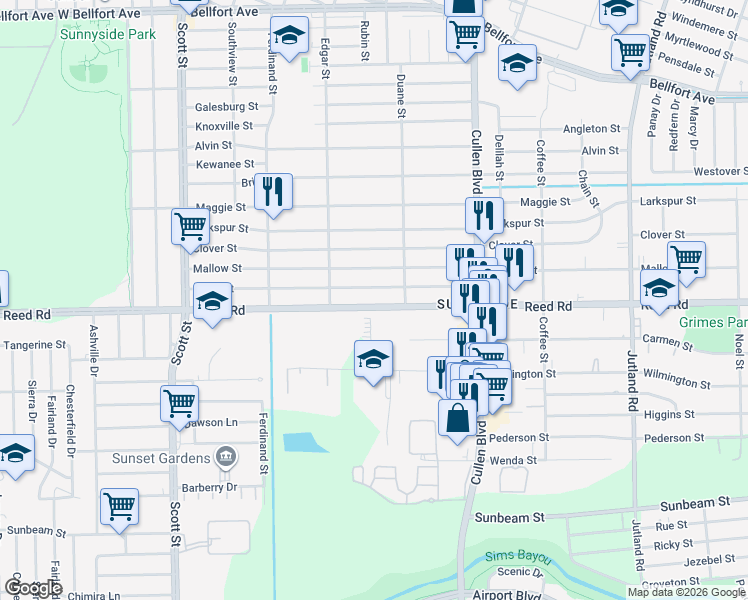 map of restaurants, bars, coffee shops, grocery stores, and more near 4519 Reed Road in Houston