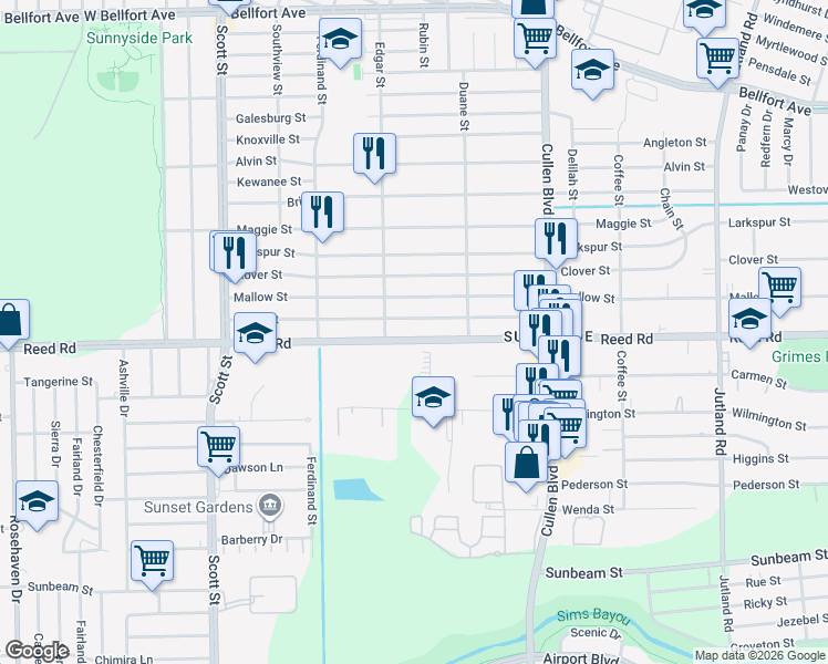 map of restaurants, bars, coffee shops, grocery stores, and more near 4423 Reed Road in Houston