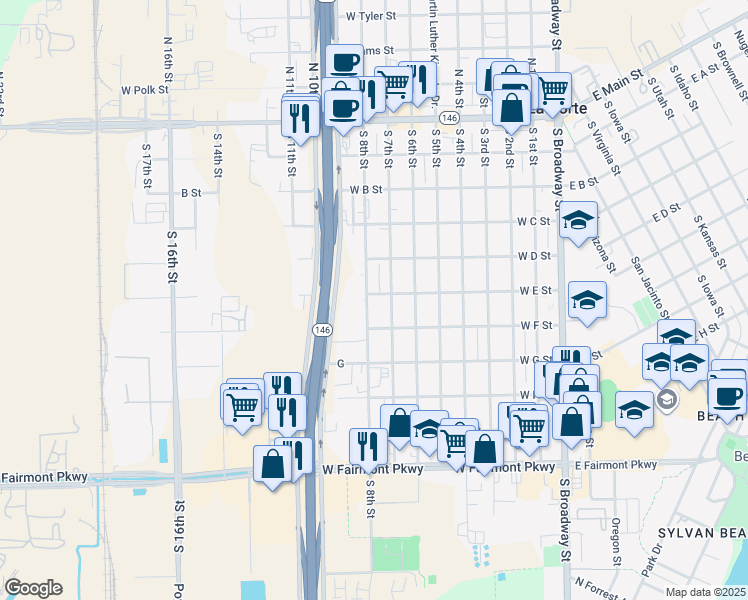 map of restaurants, bars, coffee shops, grocery stores, and more near 601 South 8th Street in La Porte
