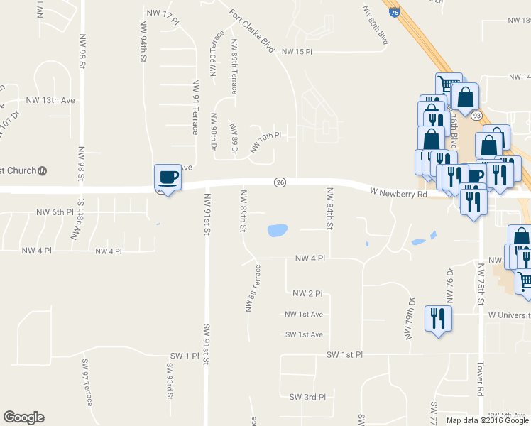 map of restaurants, bars, coffee shops, grocery stores, and more near 4423 Northwest 6th Place in Gainesville