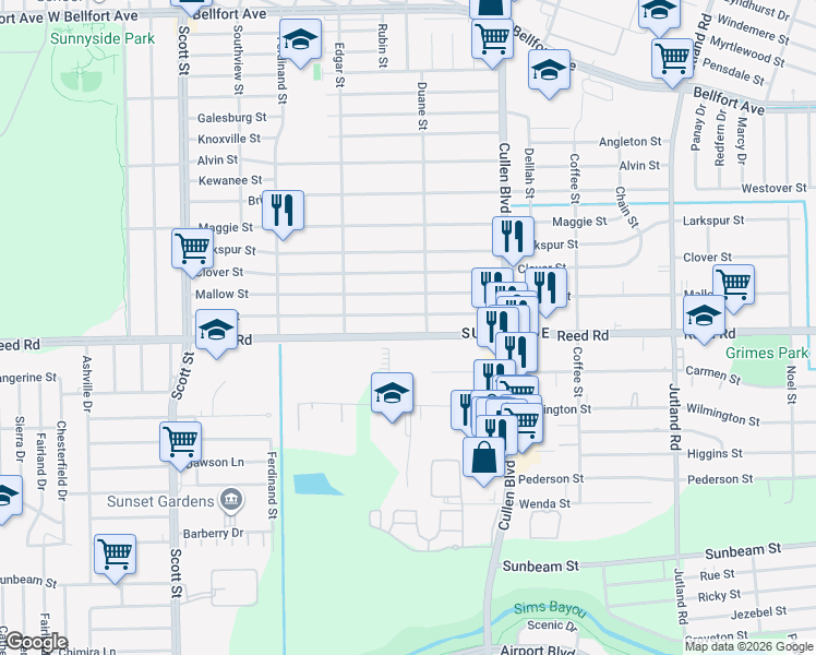 map of restaurants, bars, coffee shops, grocery stores, and more near 4519 Reed Road in Houston
