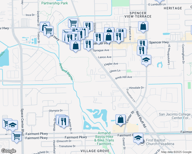 map of restaurants, bars, coffee shops, grocery stores, and more near 5930 Red Bluff Road in Pasadena