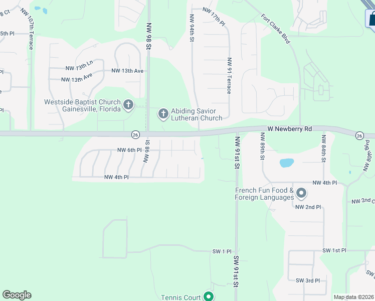 map of restaurants, bars, coffee shops, grocery stores, and more near 9433 Northwest 6th Place in Gainesville