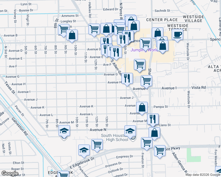 map of restaurants, bars, coffee shops, grocery stores, and more near 1305 Avenue J in South Houston