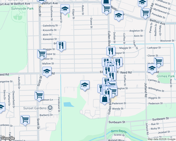 map of restaurants, bars, coffee shops, grocery stores, and more near 4519 Reed Road in Houston