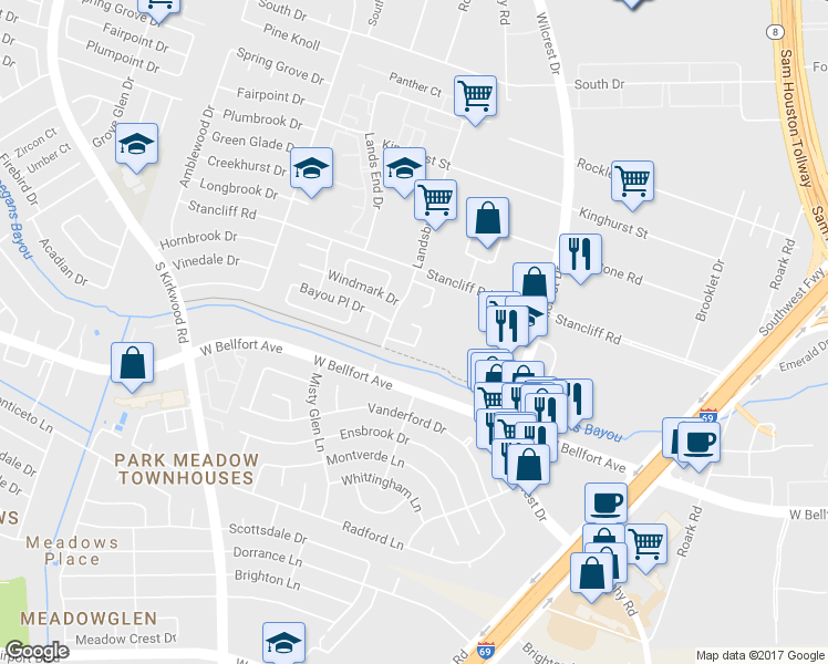 map of restaurants, bars, coffee shops, grocery stores, and more near 11043 Landsbury Court in Houston