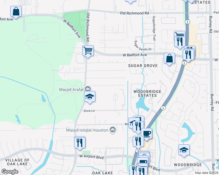 map of restaurants, bars, coffee shops, grocery stores, and more near 15221 Tomasa Street in Sugar Land